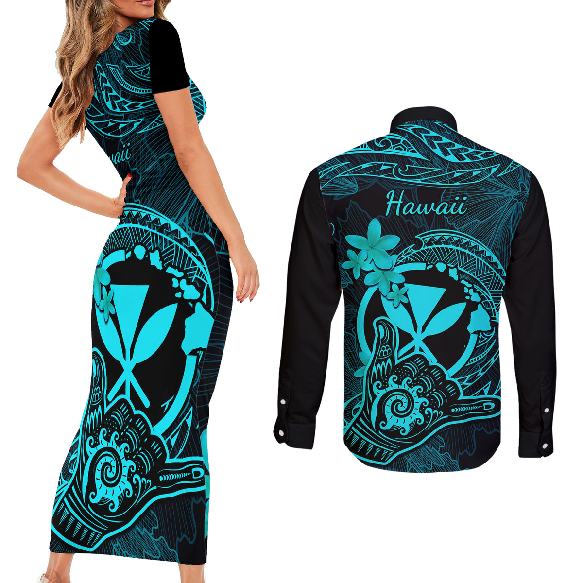 Hawaii Couples Matching Short Sleeve Bodycon Dress and Long Sleeve Button Shirts Shaka Tattoo Mix Polynesian Plumeria Turquoise Version LT14 - Polynesian Pride