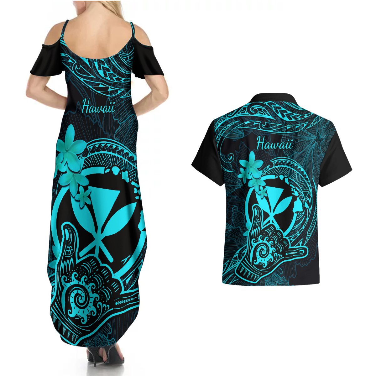 Hawaii Couples Matching Summer Maxi Dress and Hawaiian Shirt Shaka Tattoo Mix Polynesian Plumeria Turquoise Version LT14 - Polynesian Pride