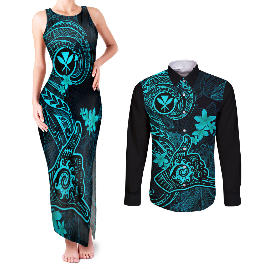 Hawaii Couples Matching Tank Maxi Dress and Long Sleeve Button Shirts Shaka Tattoo Mix Polynesian Plumeria Turquoise Version LT14 Turquoise - Polynesian Pride