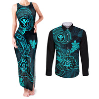 Hawaii Couples Matching Tank Maxi Dress and Long Sleeve Button Shirts Shaka Tattoo Mix Polynesian Plumeria Turquoise Version LT14 Turquoise - Polynesian Pride