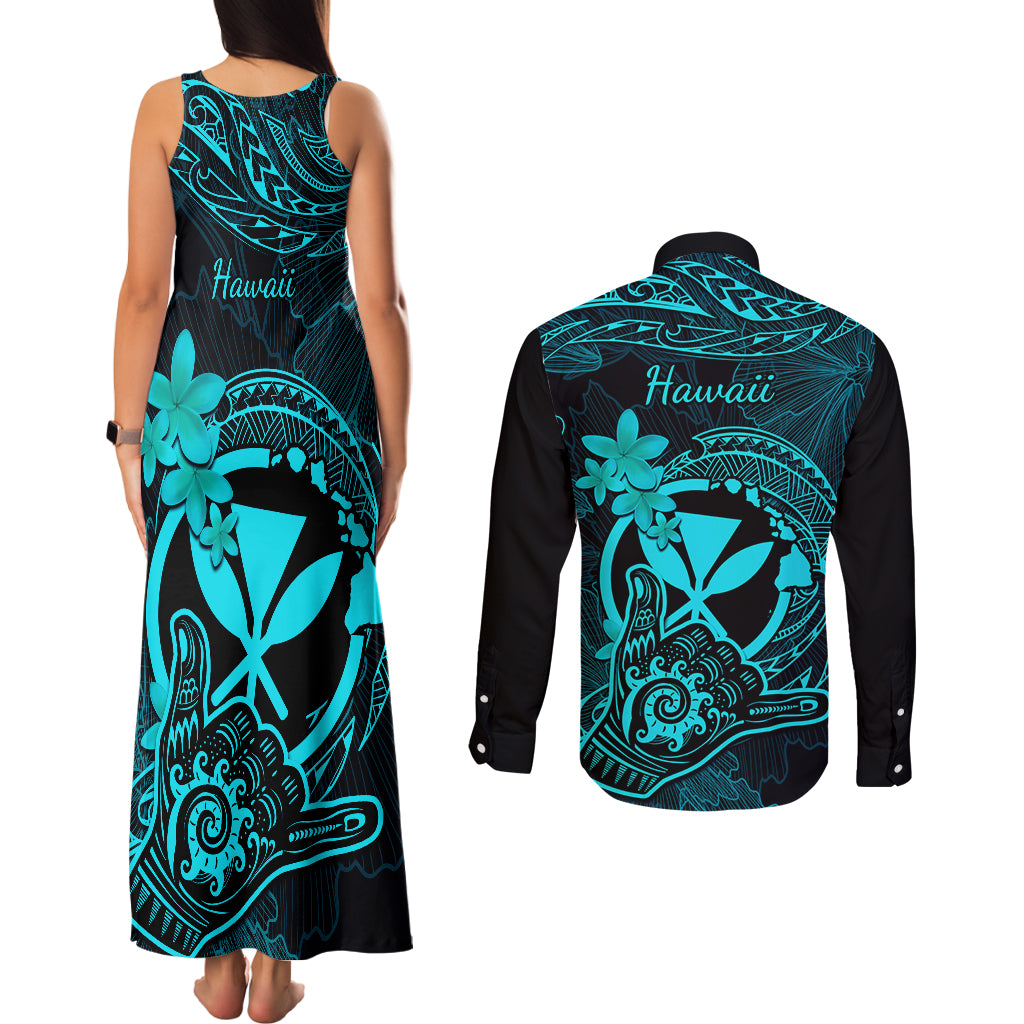 Hawaii Couples Matching Tank Maxi Dress and Long Sleeve Button Shirts Shaka Tattoo Mix Polynesian Plumeria Turquoise Version LT14 - Polynesian Pride
