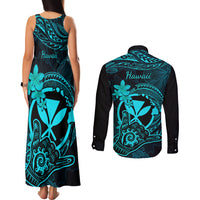 Hawaii Couples Matching Tank Maxi Dress and Long Sleeve Button Shirts Shaka Tattoo Mix Polynesian Plumeria Turquoise Version LT14 - Polynesian Pride