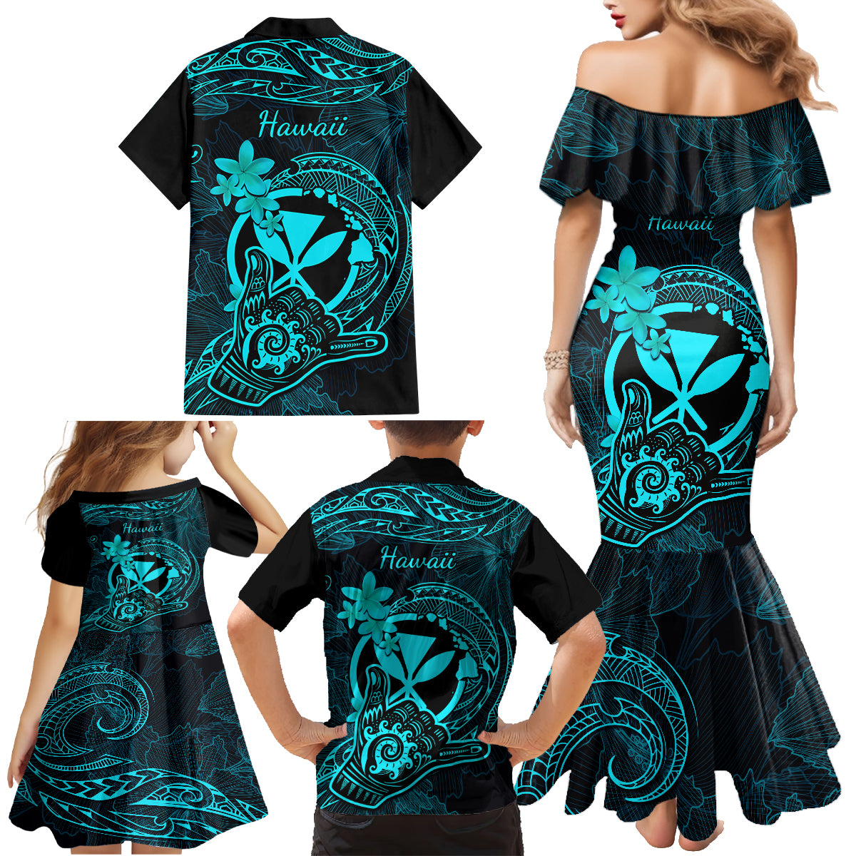 Hawaii Family Matching Mermaid Dress and Hawaiian Shirt Shaka Tattoo Mix Polynesian Plumeria Turquoise Version LT14 - Polynesian Pride