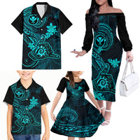 Hawaii Family Matching Off Shoulder Long Sleeve Dress and Hawaiian Shirt Shaka Tattoo Mix Polynesian Plumeria Turquoise Version LT14 - Polynesian Pride