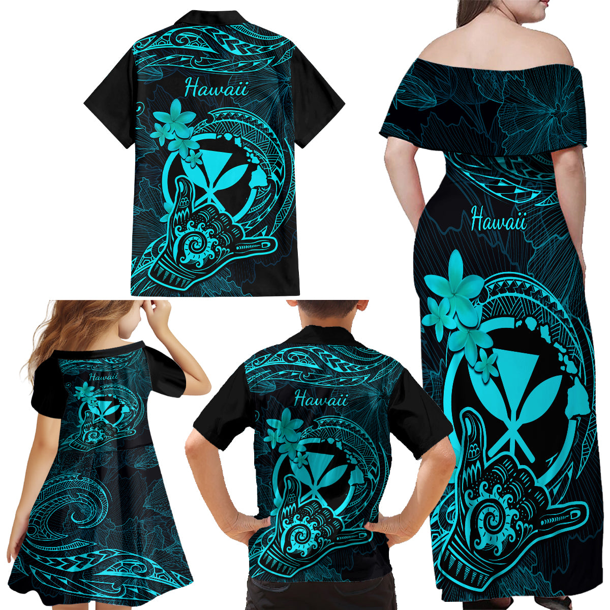 Hawaii Family Matching Off Shoulder Long Sleeve Dress and Hawaiian Shirt Shaka Tattoo Mix Polynesian Plumeria Turquoise Version LT14 - Polynesian Pride