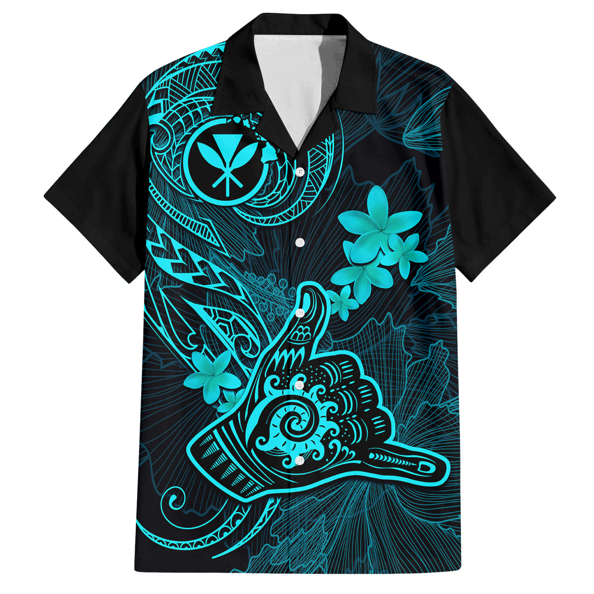 Hawaii Family Matching Off Shoulder Long Sleeve Dress and Hawaiian Shirt Shaka Tattoo Mix Polynesian Plumeria Turquoise Version LT14 Dad's Shirt - Short Sleeve Turquoise - Polynesian Pride