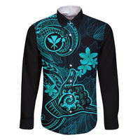 Hawaii Family Matching Off Shoulder Long Sleeve Dress and Hawaiian Shirt Shaka Tattoo Mix Polynesian Plumeria Turquoise Version LT14 Dad's Shirt - Long Sleeve Turquoise - Polynesian Pride