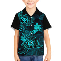 Hawaii Family Matching Off Shoulder Long Sleeve Dress and Hawaiian Shirt Shaka Tattoo Mix Polynesian Plumeria Turquoise Version LT14 Son's Shirt Turquoise - Polynesian Pride
