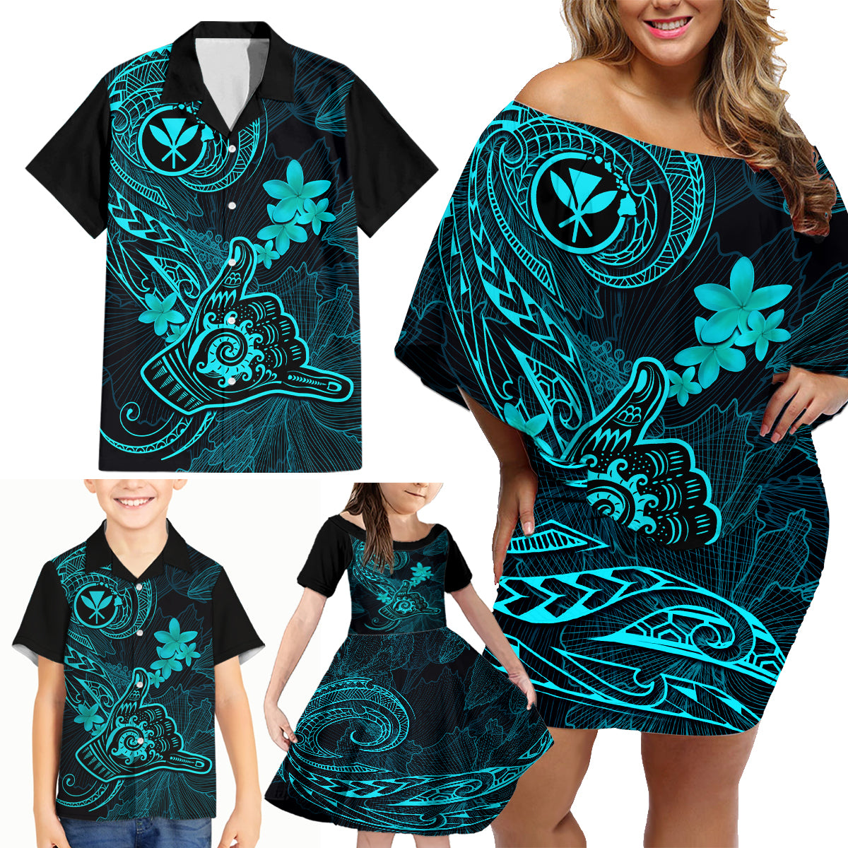 Hawaii Family Matching Off Shoulder Short Dress and Hawaiian Shirt Shaka Tattoo Mix Polynesian Plumeria Turquoise Version LT14 - Polynesian Pride