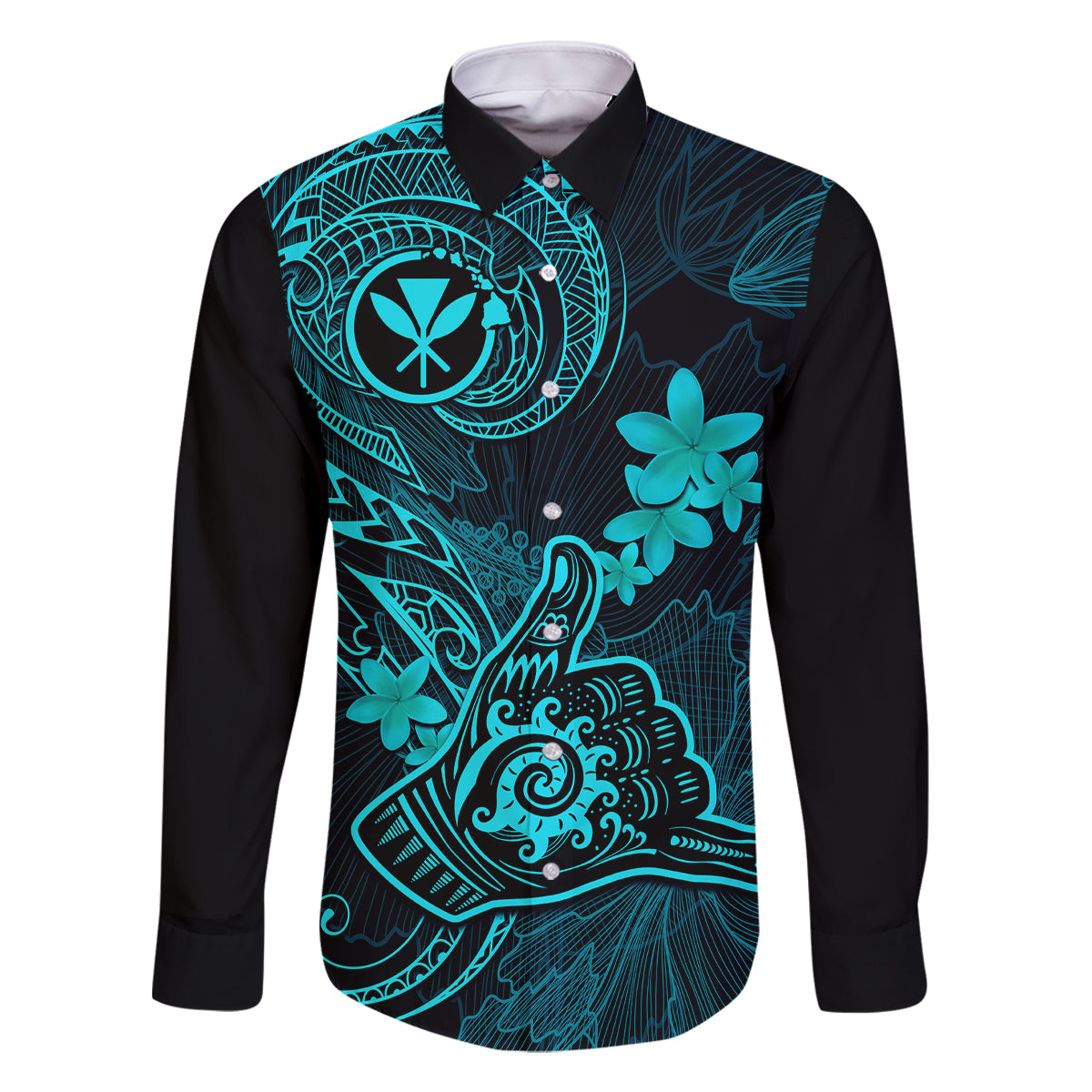 Hawaii Family Matching Off Shoulder Short Dress and Hawaiian Shirt Shaka Tattoo Mix Polynesian Plumeria Turquoise Version LT14 Dad's Shirt - Long Sleeve Turquoise - Polynesian Pride