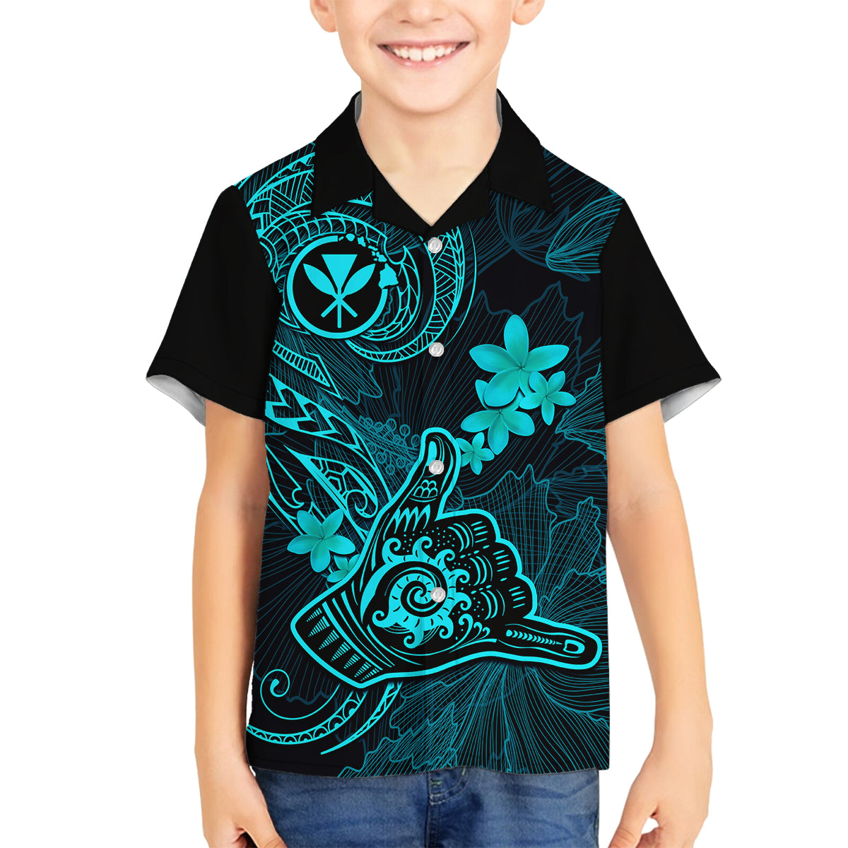 Hawaii Family Matching Off Shoulder Short Dress and Hawaiian Shirt Shaka Tattoo Mix Polynesian Plumeria Turquoise Version LT14 Son's Shirt Turquoise - Polynesian Pride