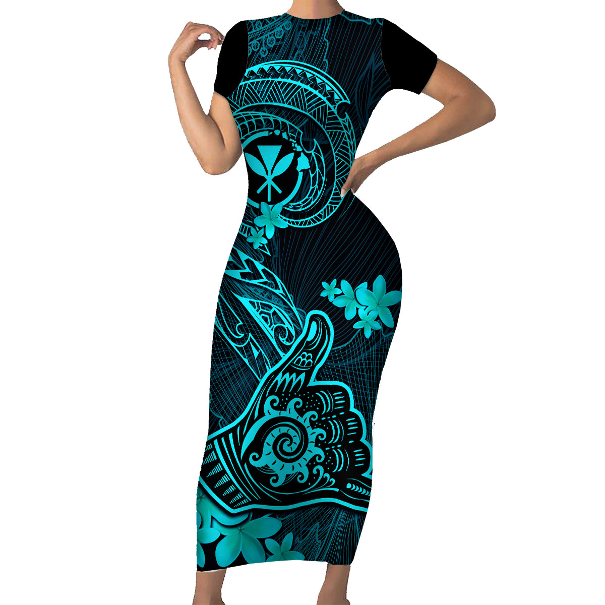 Hawaii Family Matching Short Sleeve Bodycon Dress and Hawaiian Shirt Shaka Tattoo Mix Polynesian Plumeria Turquoise Version LT14 Mom's Dress Turquoise - Polynesian Pride