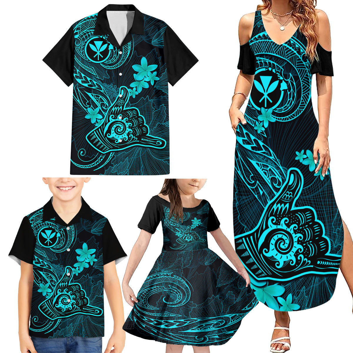 Hawaii Family Matching Summer Maxi Dress and Hawaiian Shirt Shaka Tattoo Mix Polynesian Plumeria Turquoise Version LT14 - Polynesian Pride
