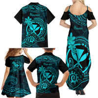 Hawaii Family Matching Summer Maxi Dress and Hawaiian Shirt Shaka Tattoo Mix Polynesian Plumeria Turquoise Version LT14 - Polynesian Pride
