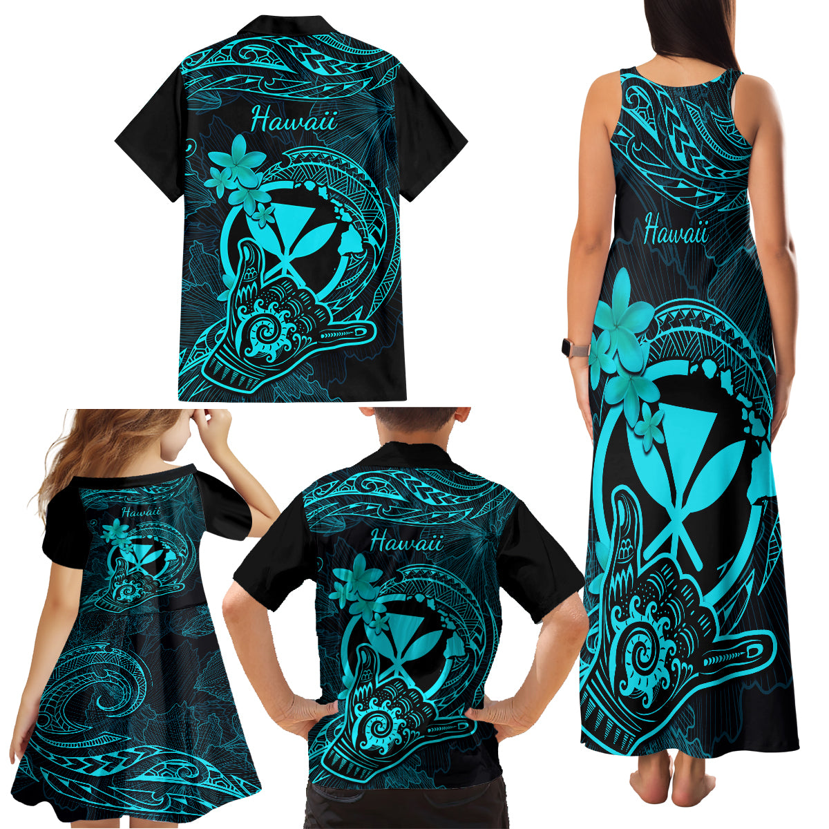 Hawaii Family Matching Tank Maxi Dress and Hawaiian Shirt Shaka Tattoo Mix Polynesian Plumeria Turquoise Version LT14 - Polynesian Pride