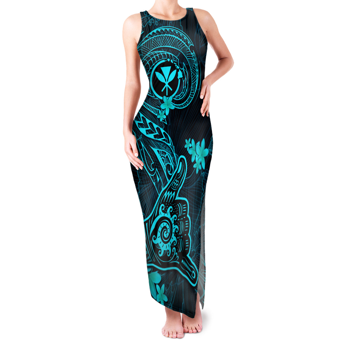 Hawaii Family Matching Tank Maxi Dress and Hawaiian Shirt Shaka Tattoo Mix Polynesian Plumeria Turquoise Version LT14 Mom's Dress Turquoise - Polynesian Pride