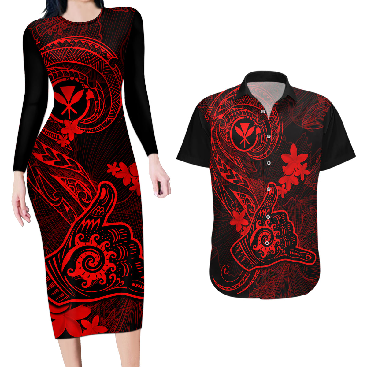 Hawaii Couples Matching Long Sleeve Bodycon Dress and Hawaiian Shirt Shaka Tattoo Mix Polynesian Plumeria Red Version LT14 Red - Polynesian Pride