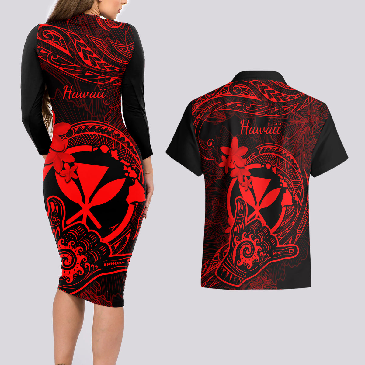Hawaii Couples Matching Long Sleeve Bodycon Dress and Hawaiian Shirt Shaka Tattoo Mix Polynesian Plumeria Red Version LT14 - Polynesian Pride