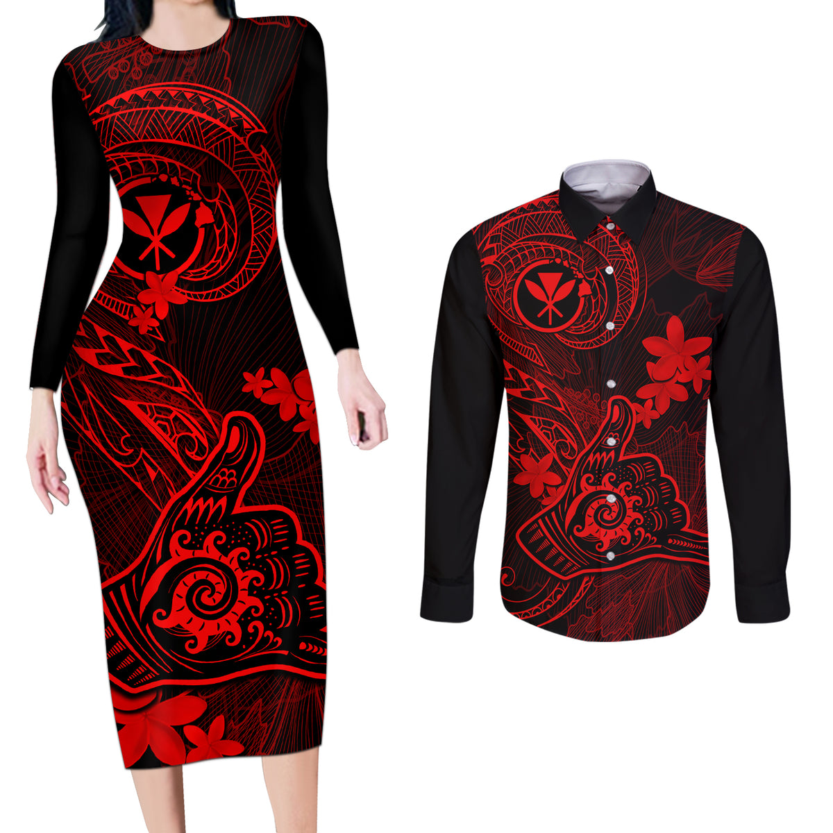 Hawaii Couples Matching Long Sleeve Bodycon Dress and Long Sleeve Button Shirts Shaka Tattoo Mix Polynesian Plumeria Red Version LT14 Red - Polynesian Pride