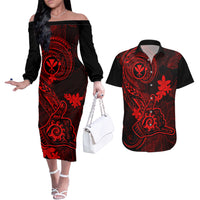 Hawaii Couples Matching Off The Shoulder Long Sleeve Dress and Hawaiian Shirt Shaka Tattoo Mix Polynesian Plumeria Red Version LT14 Red - Polynesian Pride