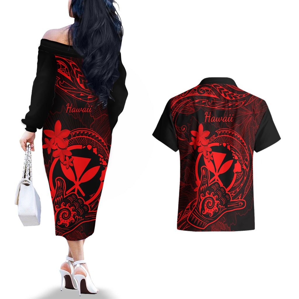 Hawaii Couples Matching Off The Shoulder Long Sleeve Dress and Hawaiian Shirt Shaka Tattoo Mix Polynesian Plumeria Red Version LT14 - Polynesian Pride