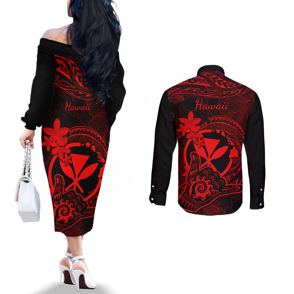 Hawaii Couples Matching Off The Shoulder Long Sleeve Dress and Long Sleeve Button Shirts Shaka Tattoo Mix Polynesian Plumeria Red Version LT14 - Polynesian Pride