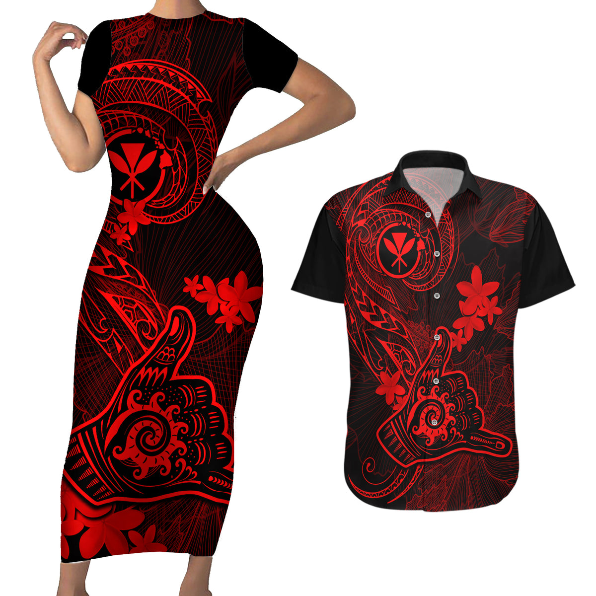 Hawaii Couples Matching Short Sleeve Bodycon Dress and Hawaiian Shirt Shaka Tattoo Mix Polynesian Plumeria Red Version LT14 Red - Polynesian Pride