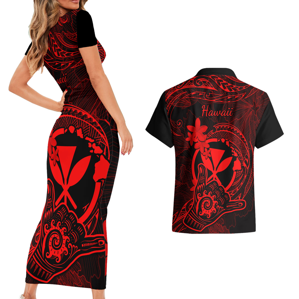 Hawaii Couples Matching Short Sleeve Bodycon Dress and Hawaiian Shirt Shaka Tattoo Mix Polynesian Plumeria Red Version LT14 - Polynesian Pride