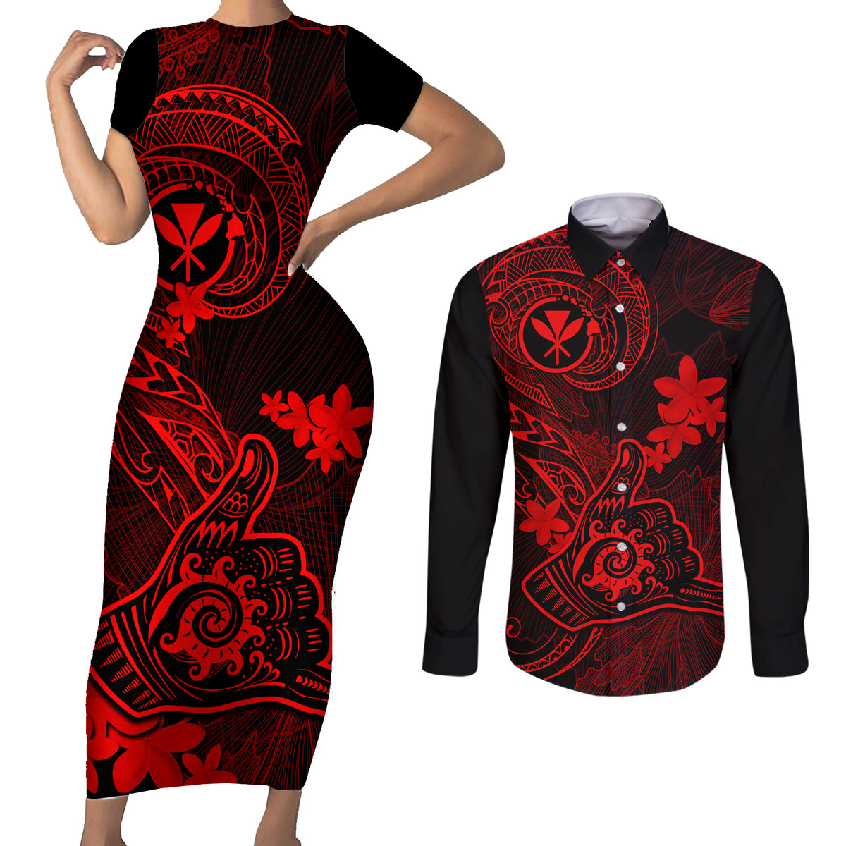 Hawaii Couples Matching Short Sleeve Bodycon Dress and Long Sleeve Button Shirts Shaka Tattoo Mix Polynesian Plumeria Red Version LT14 Red - Polynesian Pride
