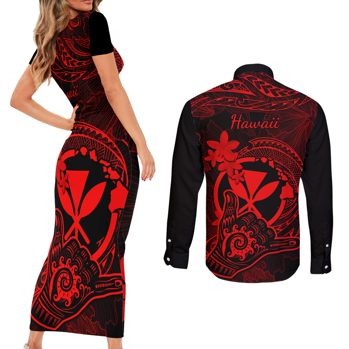 Hawaii Couples Matching Short Sleeve Bodycon Dress and Long Sleeve Button Shirts Shaka Tattoo Mix Polynesian Plumeria Red Version LT14 - Polynesian Pride
