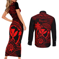 Hawaii Couples Matching Short Sleeve Bodycon Dress and Long Sleeve Button Shirts Shaka Tattoo Mix Polynesian Plumeria Red Version LT14 - Polynesian Pride