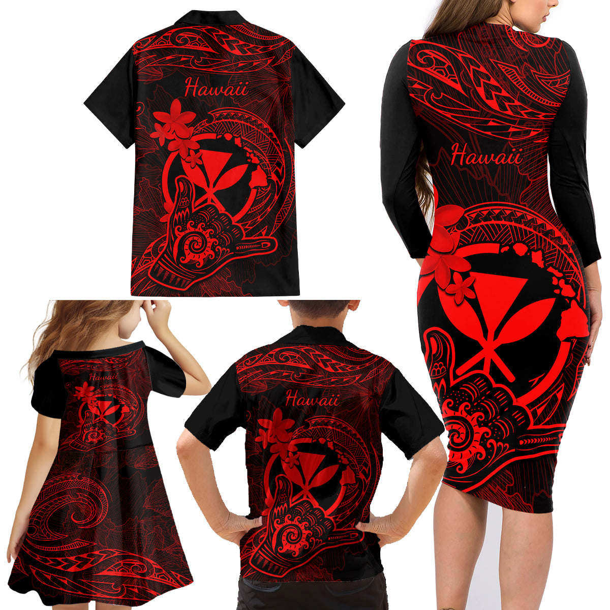 Hawaii Family Matching Long Sleeve Bodycon Dress and Hawaiian Shirt Shaka Tattoo Mix Polynesian Plumeria Red Version LT14 - Polynesian Pride