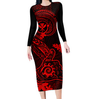 Hawaii Family Matching Long Sleeve Bodycon Dress and Hawaiian Shirt Shaka Tattoo Mix Polynesian Plumeria Red Version LT14 Mom's Dress Red - Polynesian Pride