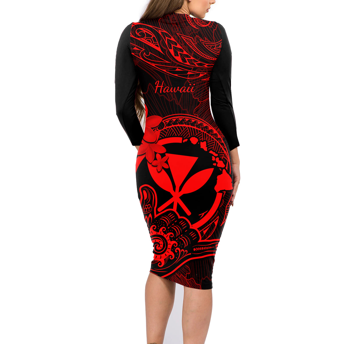 Hawaii Family Matching Long Sleeve Bodycon Dress and Hawaiian Shirt Shaka Tattoo Mix Polynesian Plumeria Red Version LT14 - Polynesian Pride