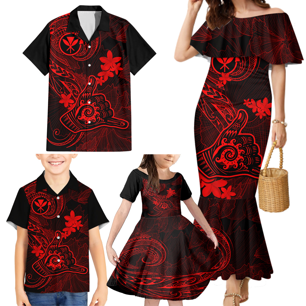 Hawaii Family Matching Mermaid Dress and Hawaiian Shirt Shaka Tattoo Mix Polynesian Plumeria Red Version LT14 - Polynesian Pride