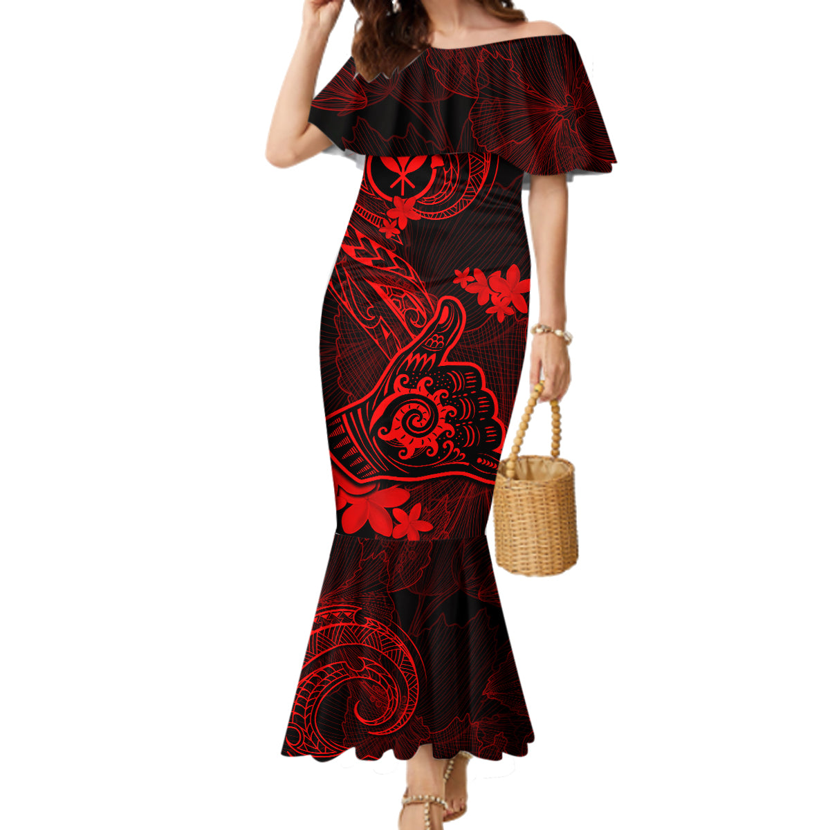 Hawaii Family Matching Mermaid Dress and Hawaiian Shirt Shaka Tattoo Mix Polynesian Plumeria Red Version LT14 Mom's Dress Red - Polynesian Pride