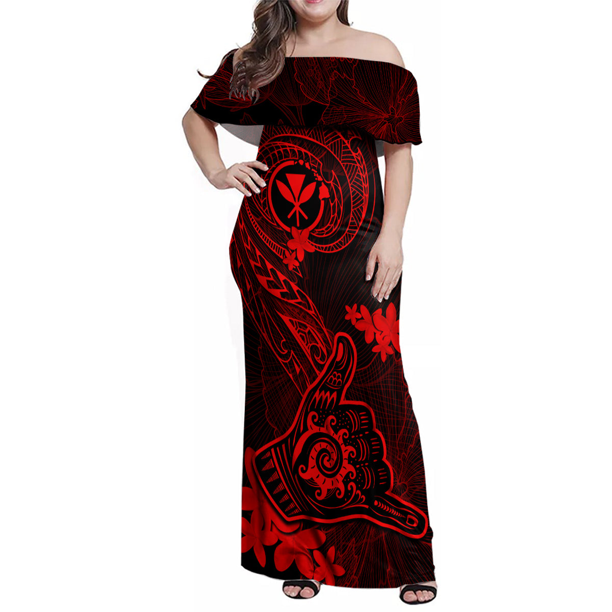 Hawaii Family Matching Off Shoulder Maxi Dress and Hawaiian Shirt Shaka Tattoo Mix Polynesian Plumeria Red Version LT14 Mom's Dress Red - Polynesian Pride