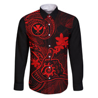 Hawaii Family Matching Off Shoulder Short Dress and Hawaiian Shirt Shaka Tattoo Mix Polynesian Plumeria Red Version LT14 Dad's Shirt - Long Sleeve Red - Polynesian Pride