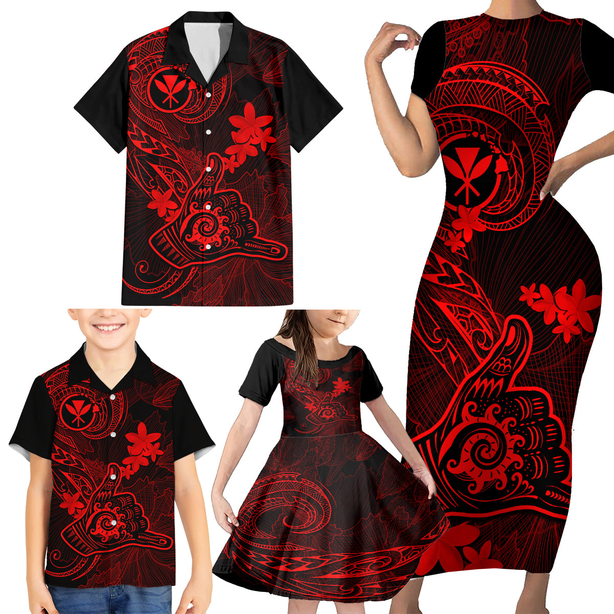 Hawaii Family Matching Short Sleeve Bodycon Dress and Hawaiian Shirt Shaka Tattoo Mix Polynesian Plumeria Red Version LT14 - Polynesian Pride