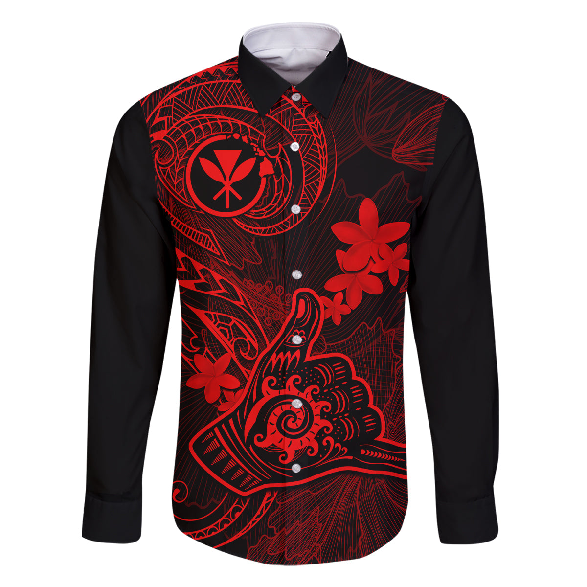 Hawaii Family Matching Short Sleeve Bodycon Dress and Hawaiian Shirt Shaka Tattoo Mix Polynesian Plumeria Red Version LT14 Dad's Shirt - Long Sleeve Red - Polynesian Pride