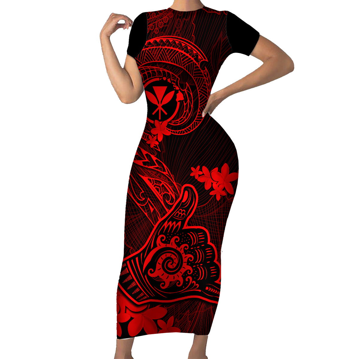 Hawaii Family Matching Short Sleeve Bodycon Dress and Hawaiian Shirt Shaka Tattoo Mix Polynesian Plumeria Red Version LT14 Mom's Dress Red - Polynesian Pride