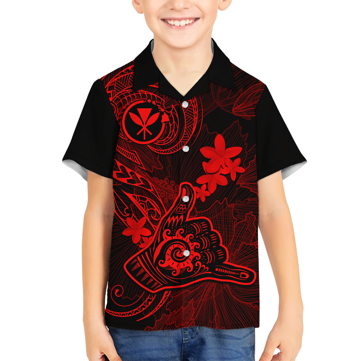 Hawaii Family Matching Short Sleeve Bodycon Dress and Hawaiian Shirt Shaka Tattoo Mix Polynesian Plumeria Red Version LT14 Son's Shirt Red - Polynesian Pride