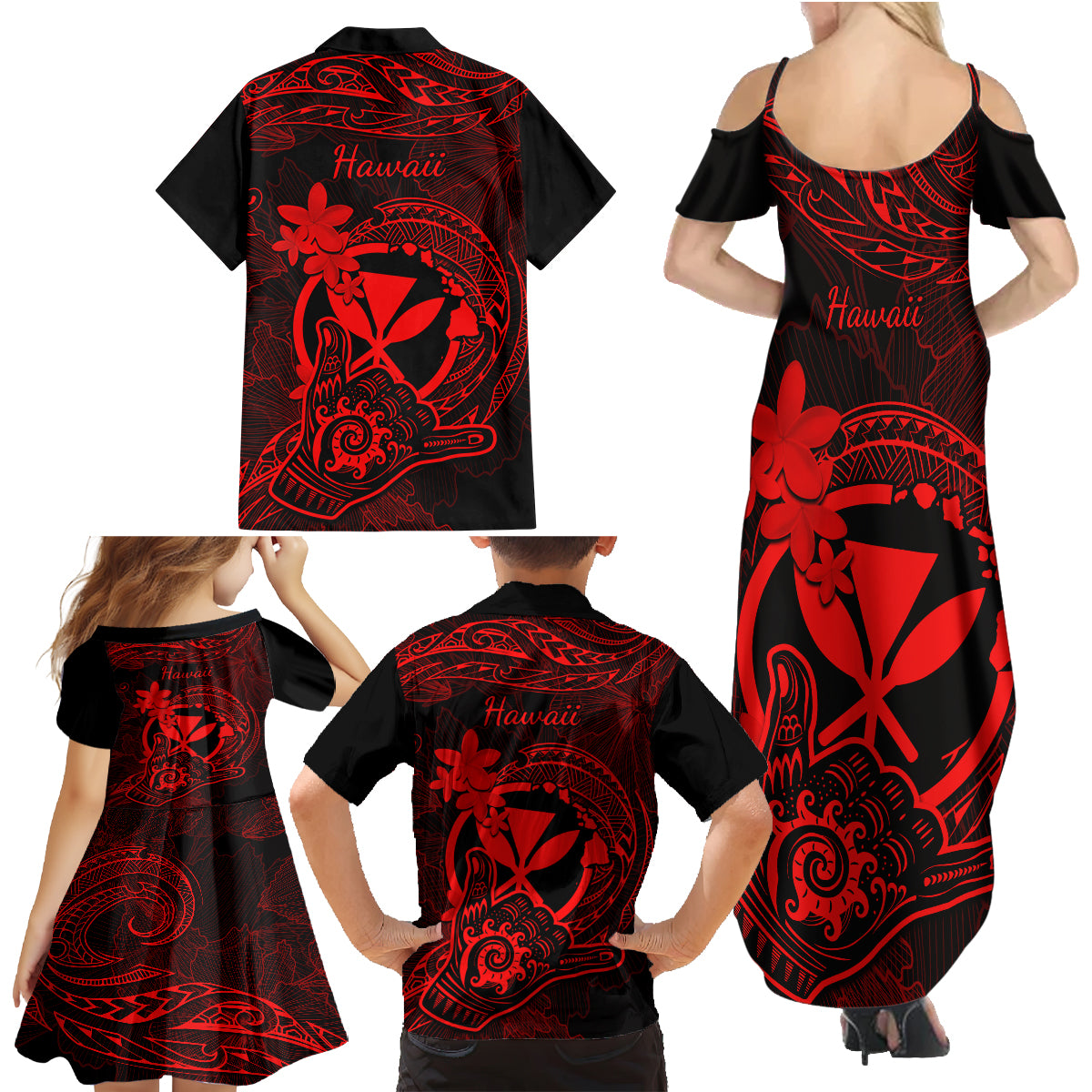 Hawaii Family Matching Summer Maxi Dress and Hawaiian Shirt Shaka Tattoo Mix Polynesian Plumeria Red Version LT14 - Polynesian Pride