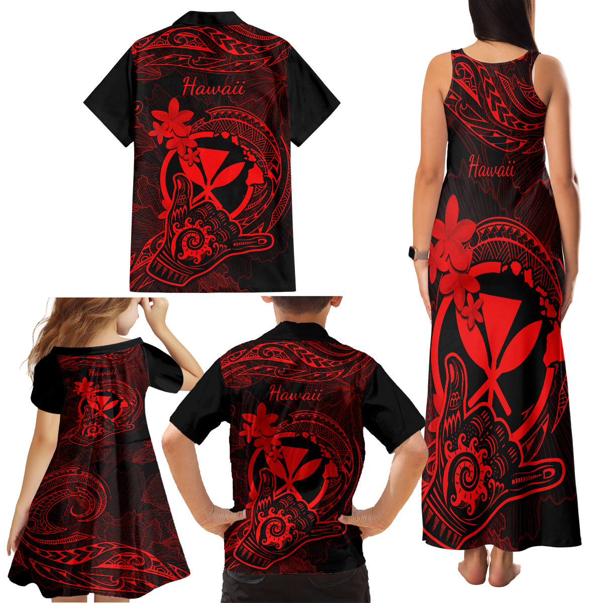 Hawaii Family Matching Tank Maxi Dress and Hawaiian Shirt Shaka Tattoo Mix Polynesian Plumeria Red Version LT14 - Polynesian Pride