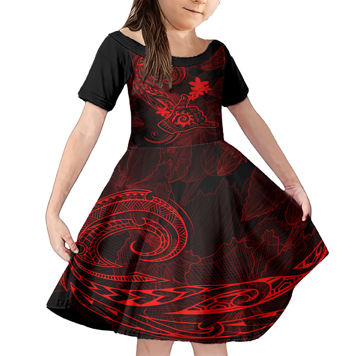 Hawaii Kid Short Sleeve Dress Shaka Tattoo Mix Polynesian Plumeria Red Version LT14 KID Red - Polynesian Pride