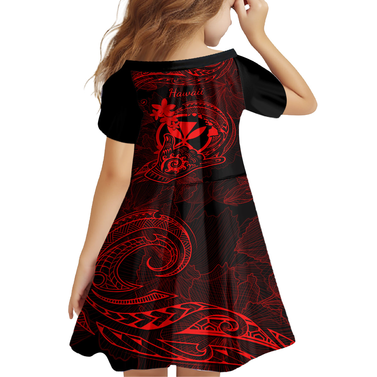 Hawaii Kid Short Sleeve Dress Shaka Tattoo Mix Polynesian Plumeria Red Version LT14 - Polynesian Pride