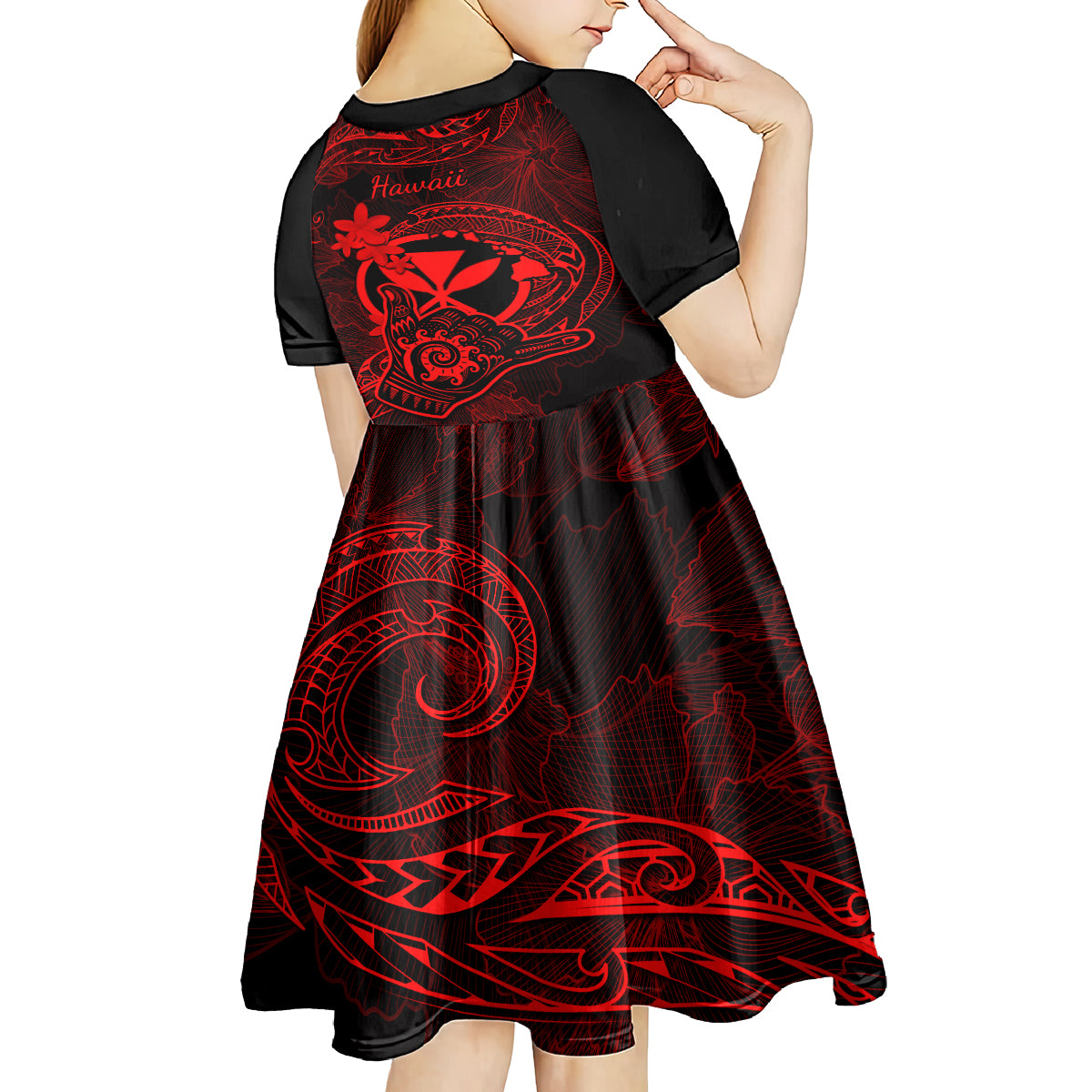 Hawaii Kid Short Sleeve Dress Shaka Tattoo Mix Polynesian Plumeria Red Version LT14 - Polynesian Pride