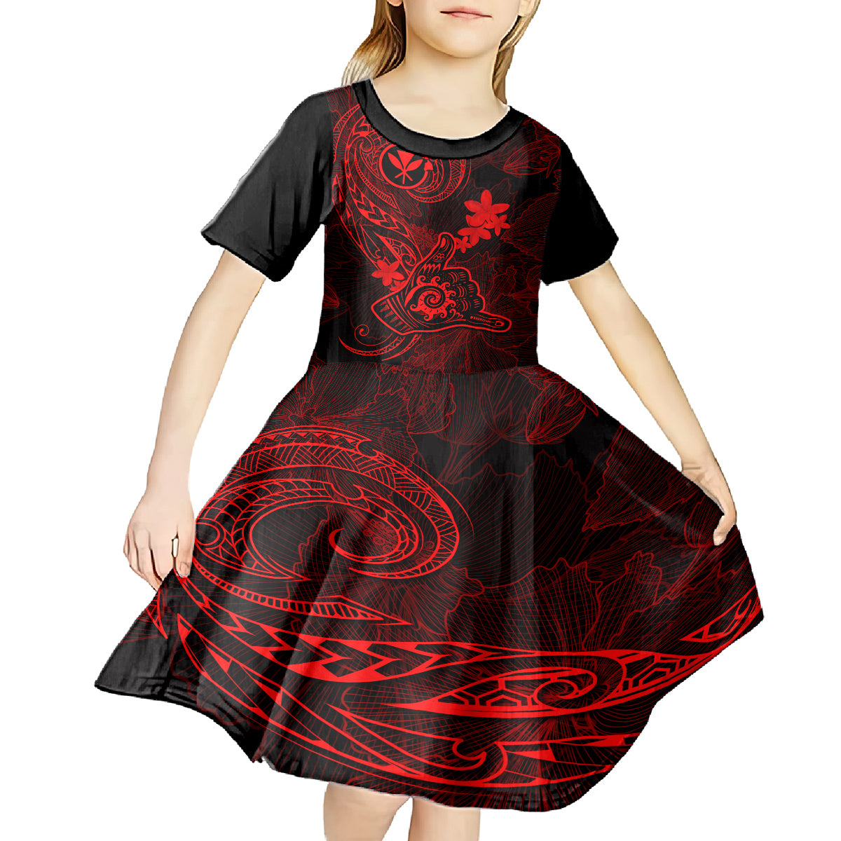 Hawaii Kid Short Sleeve Dress Shaka Tattoo Mix Polynesian Plumeria Red Version LT14 - Polynesian Pride