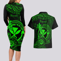 Hawaii Couples Matching Long Sleeve Bodycon Dress and Hawaiian Shirt Shaka Tattoo Mix Polynesian Plumeria Green Version LT14 - Polynesian Pride