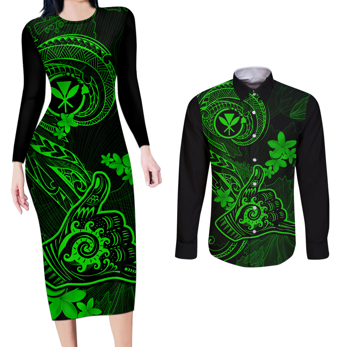 Hawaii Couples Matching Long Sleeve Bodycon Dress and Long Sleeve Button Shirts Shaka Tattoo Mix Polynesian Plumeria Green Version LT14 Green - Polynesian Pride